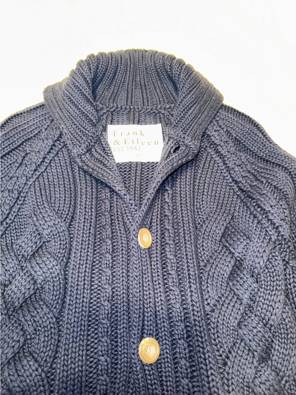 $598 Frank & Eileen Cable Knit Cotswold horn Button Cardigan in navy Blue - Picture 9 of 13